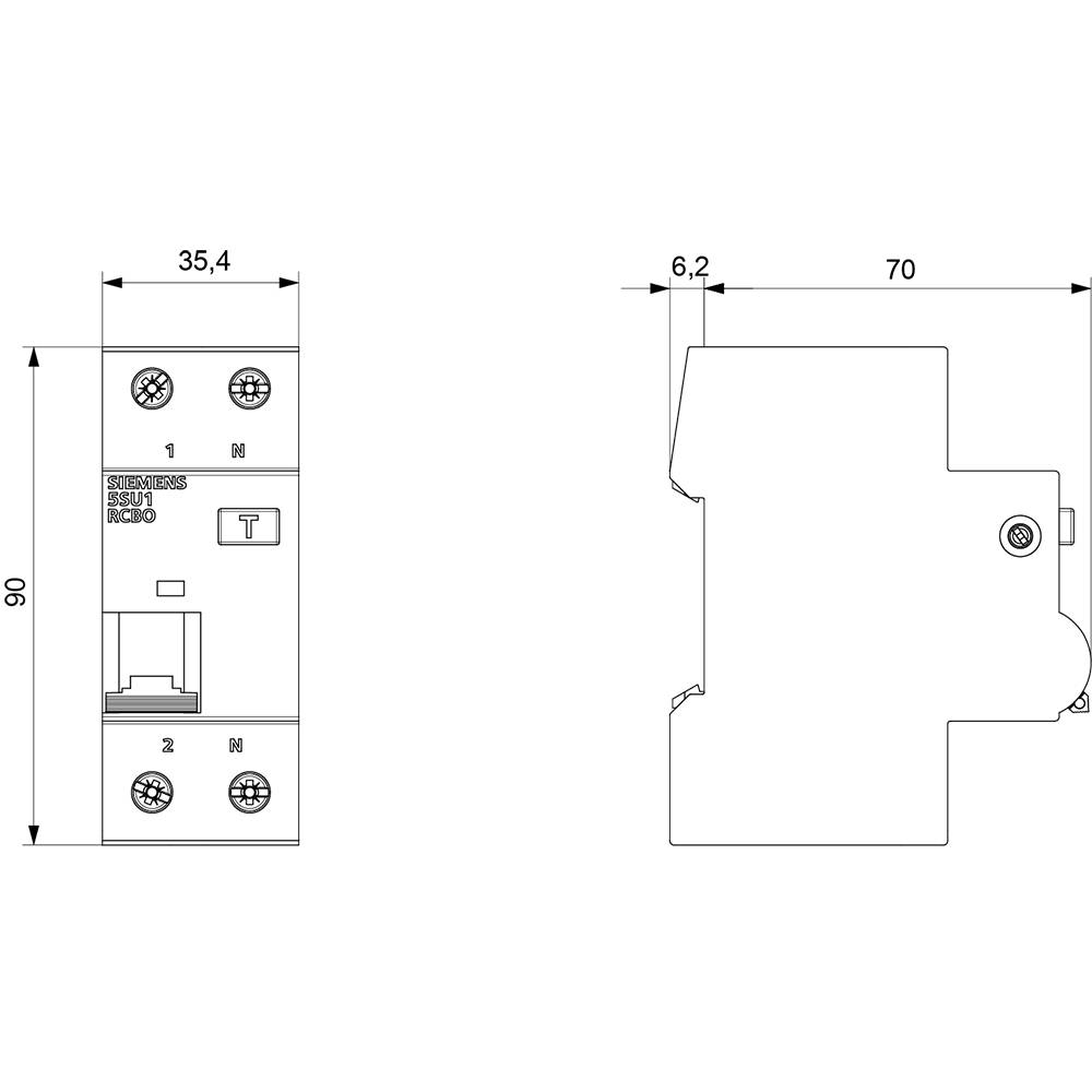 Technische Zeichnung eines Haushaltsgeräts mit Abmessungen: Höhe 90 mm, Breite 35,4 mm, Tiefe 70 mm. Zeigt Vorder- und Seitenansicht.