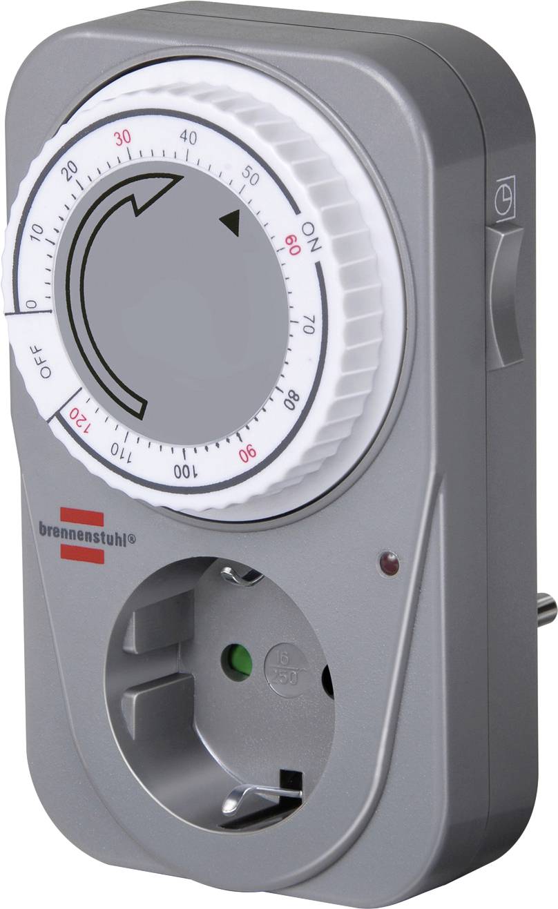 Grauer Stecker-Mechanischer Schaltuhr mit Zifferblatt und Stromsteckdose.