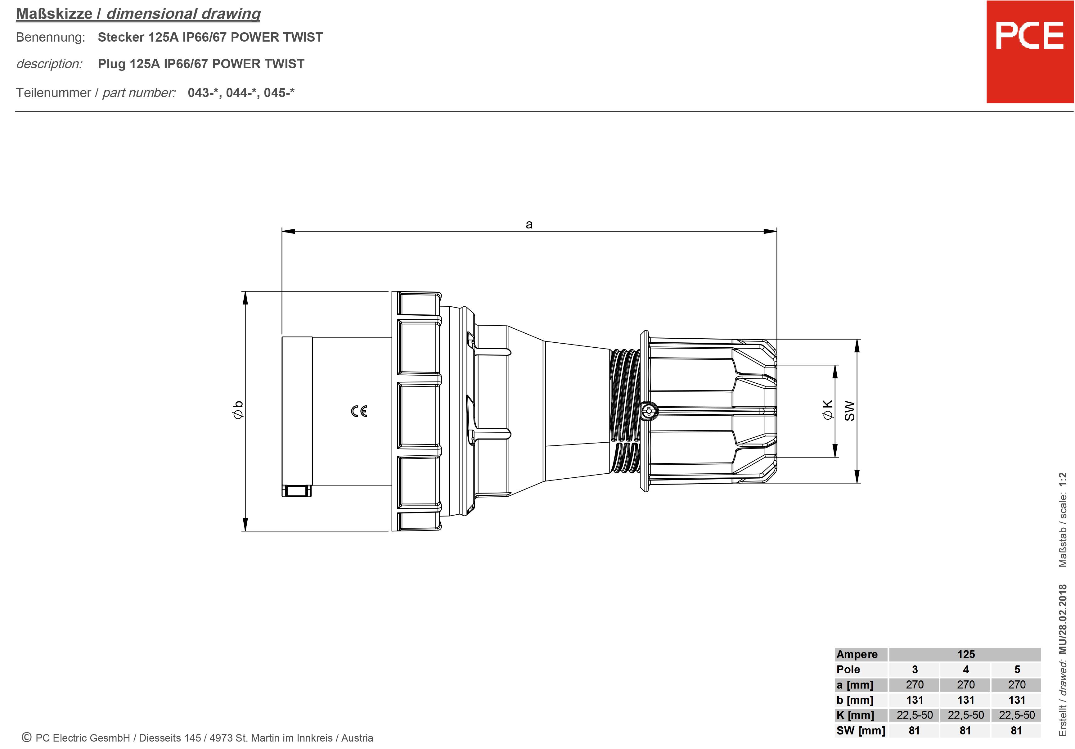 Technische Zeichnung eines Steckers PCE 125A IP69/IP67 Power Twist, Seitensicht mit Maßangaben und technischen Spezifikationen.
