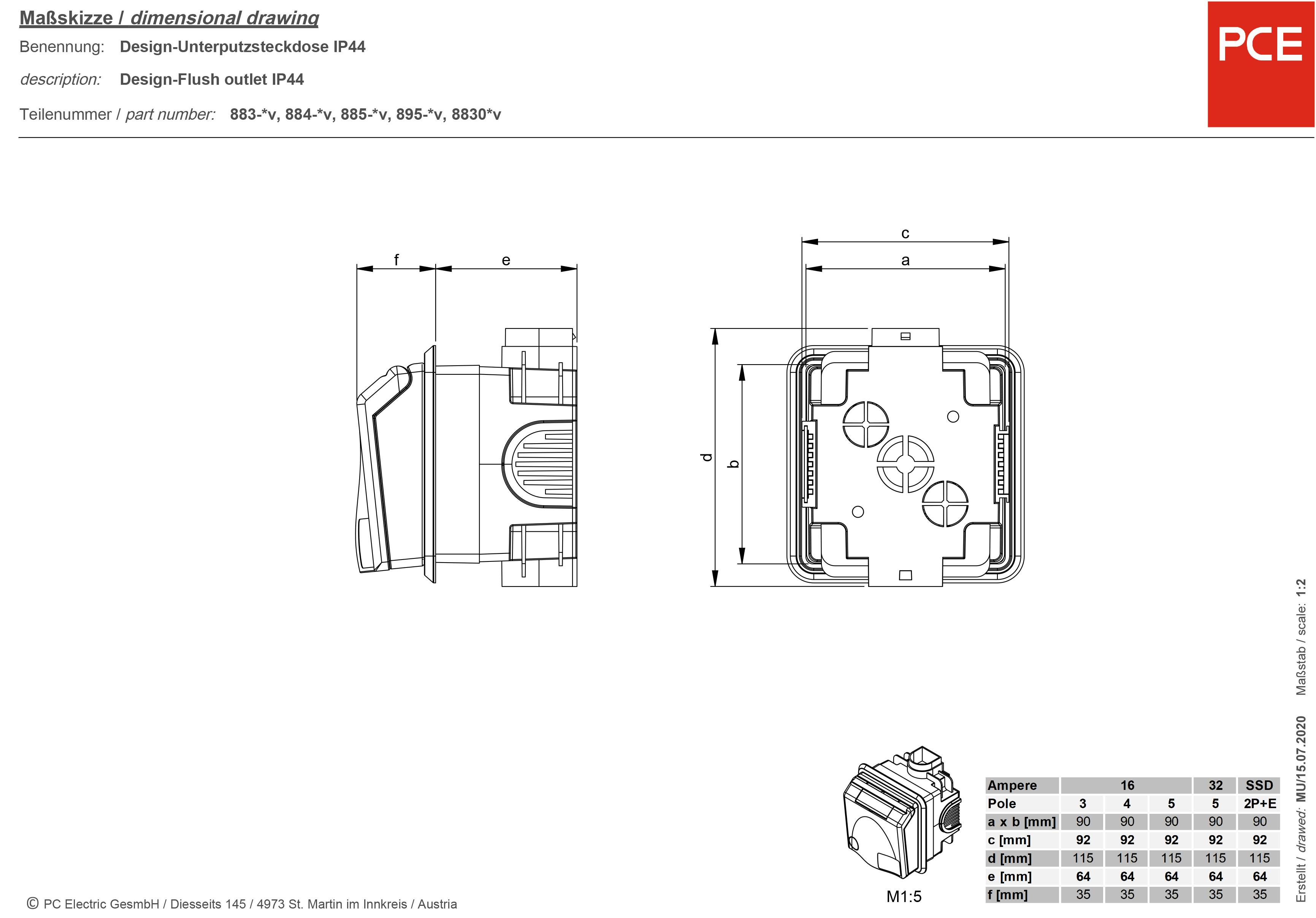 Technische Zeichnung einer Design-Unterputzsteckdose mit IP44-Schutz. Zeigt Abmessungen in Millimetern; Höhe, Breite, Tiefe angegeben.