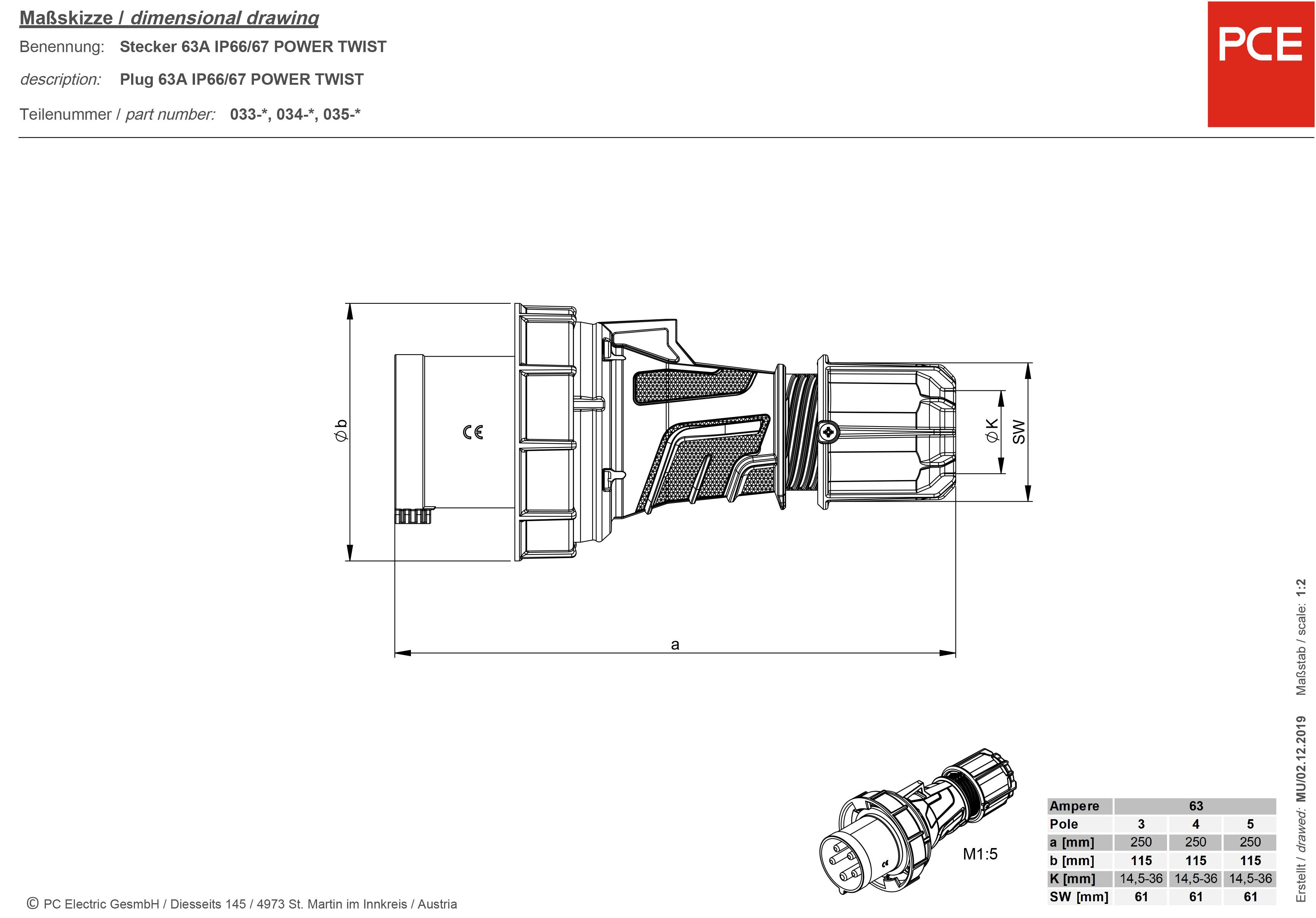 Technische Zeichnung eines Steckers, Typ 63A IP69/IP67 POWER TWIST. Enthält Maße und Querschnittsdarstellung. Hersteller: PCE.