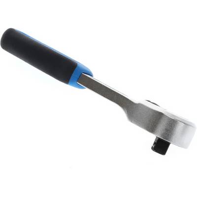 Handratsche mit schwarzem und blauem Griff aus Metall; dient zum Anziehen oder Lösen von Schraubenmuttern.