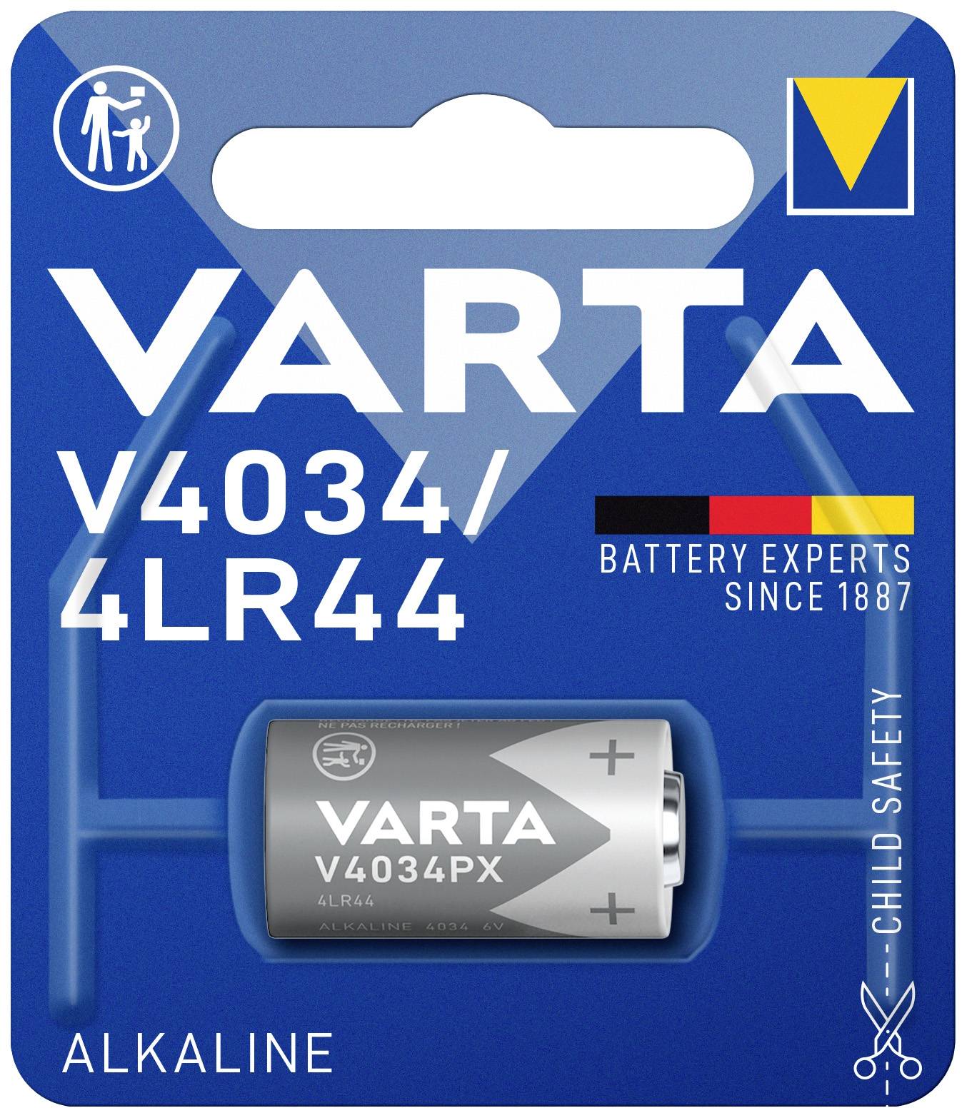 Batterieverpackung der Marke VARTA, Modell V4034/4LR44, Alkaline. Hauptmerkmale: 'Battery Experts Since 1887', Kindersicherung.