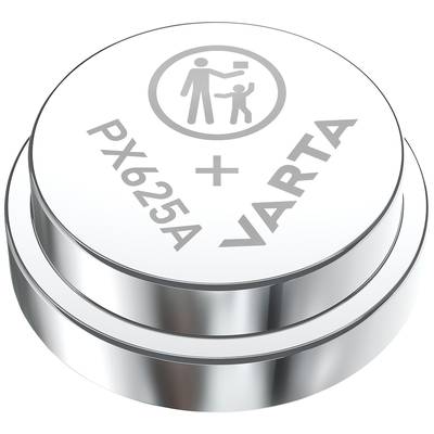 Silberne Knopfzellenbatterie mit Aufschrift 'PX625A' und 'VARTA'. Symbol für Nichtschlucken von kleinen Teilen.