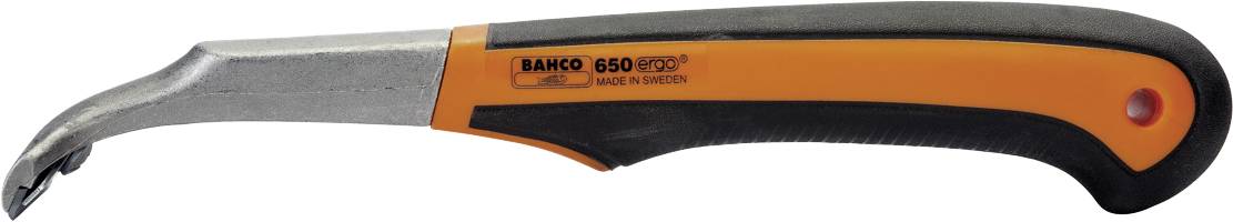 Ein orange-schwarzer Entgrater-Werkzeug mit einem gebogenen Metallkopf und ergonomischem Griff. Markierung 'BAHCO 650 ERGO'.