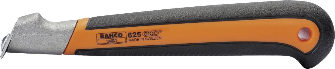 Ein orangefarbenes Schaberwerkzeug mit einem schwarzen Griff und der Aufschrift 'Bahco 625, Made in Sweden'.