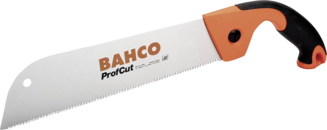 Handsäge mit gebogenem, ergonomischem Griff und scharfer Klinge. Markenname 'Bahco' und 'ProfCut' auf der Klinge gedruckt.