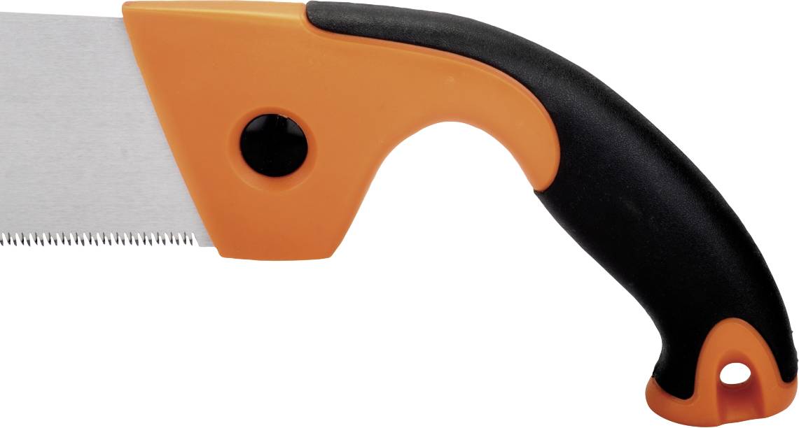 Säge mit orange-schwarzem Griff, zeigt Klinge und ergonomisches Design. Ideal für Heimwerkerprojekte und präzises Schneiden.