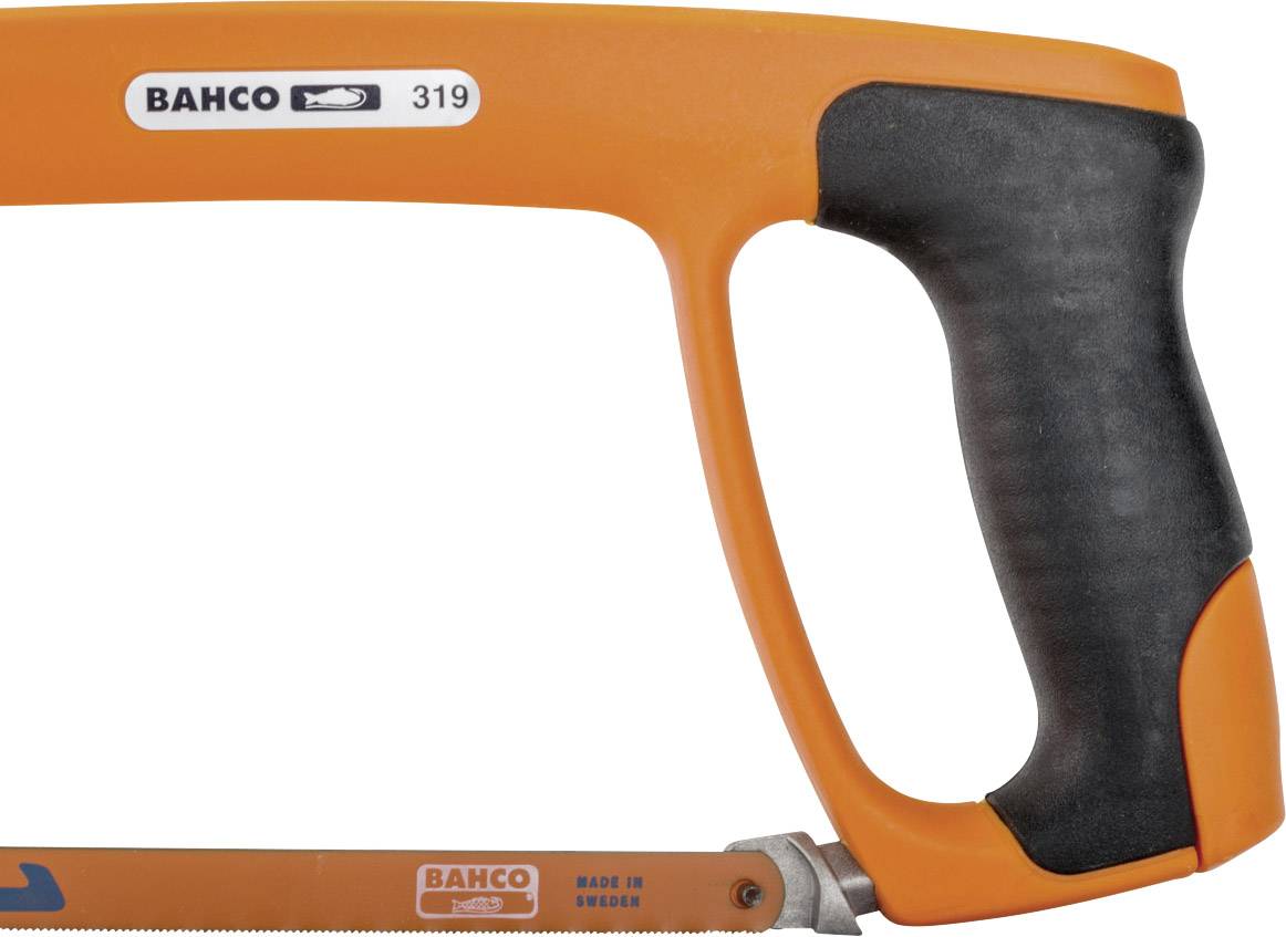Ein orangefarbener Metallsägebogen mit schwarzem Griff, Marke Bahco, Modell 319.