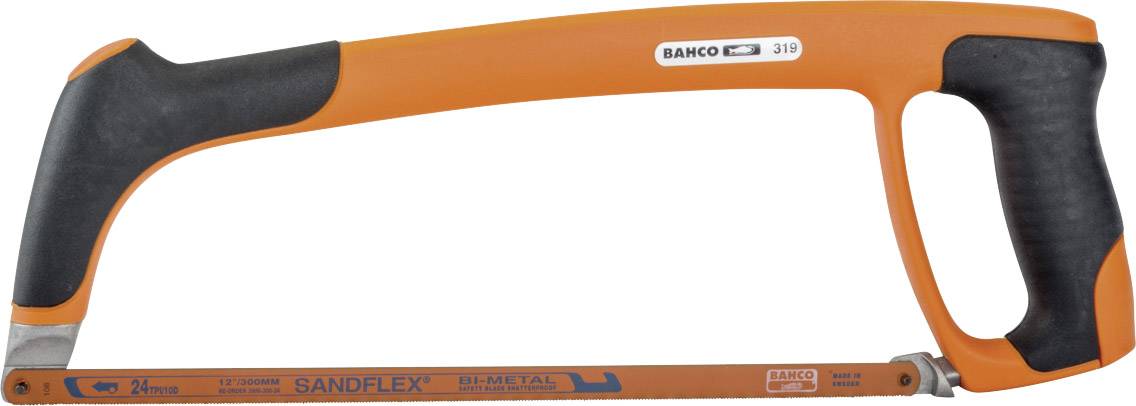 Eine orange-blaue Metallsäge mit ergonomischem Griff und Klinge mit der Aufschrift 'SANDFLEX BI-METAL'.