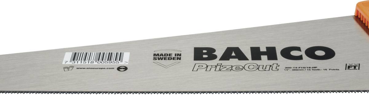 Handsäge mit der Aufschrift 'Bahco PrizeCut', 'Made in Sweden' und einem Barcode auf der Klinge.