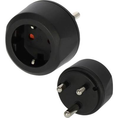 Schwarzer universeller Reisestecker-Adapter mit europäischem Rundstecker und Steckdose zum Anschließen von Geräten im Ausland.