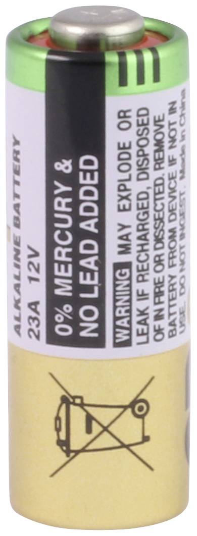 Eine 12V Alkaline-Batterie der Typ 23A. Aufschrift: '0% Mercury & No Lead Added'. Warnhinweise zur ordnungsgemäßen Entsorgung.