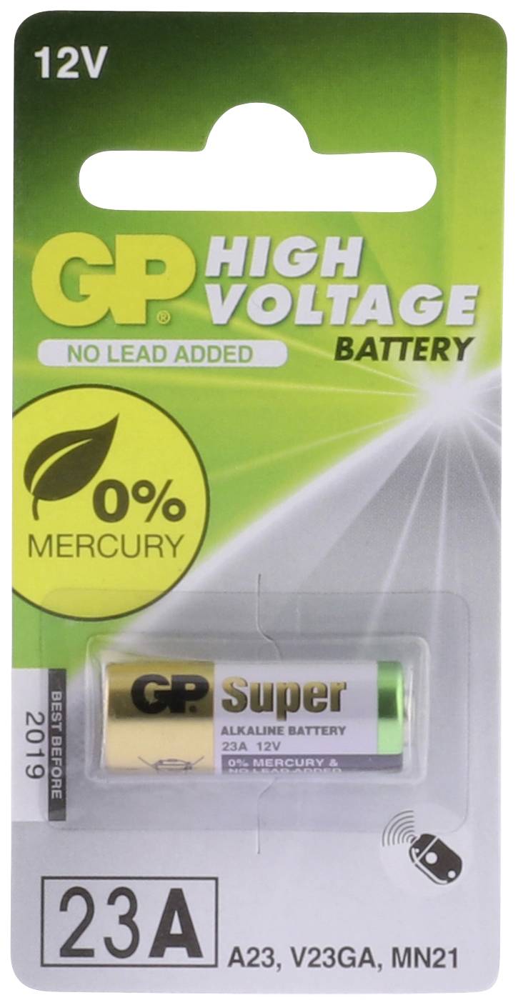 'GP High Voltage Battery' Verpackung mit 12V 23A Alkaline-Batterie. Etikett: '0% Mercury' und 'No Lead Added'. Verwendet für elektronische Geräte.
