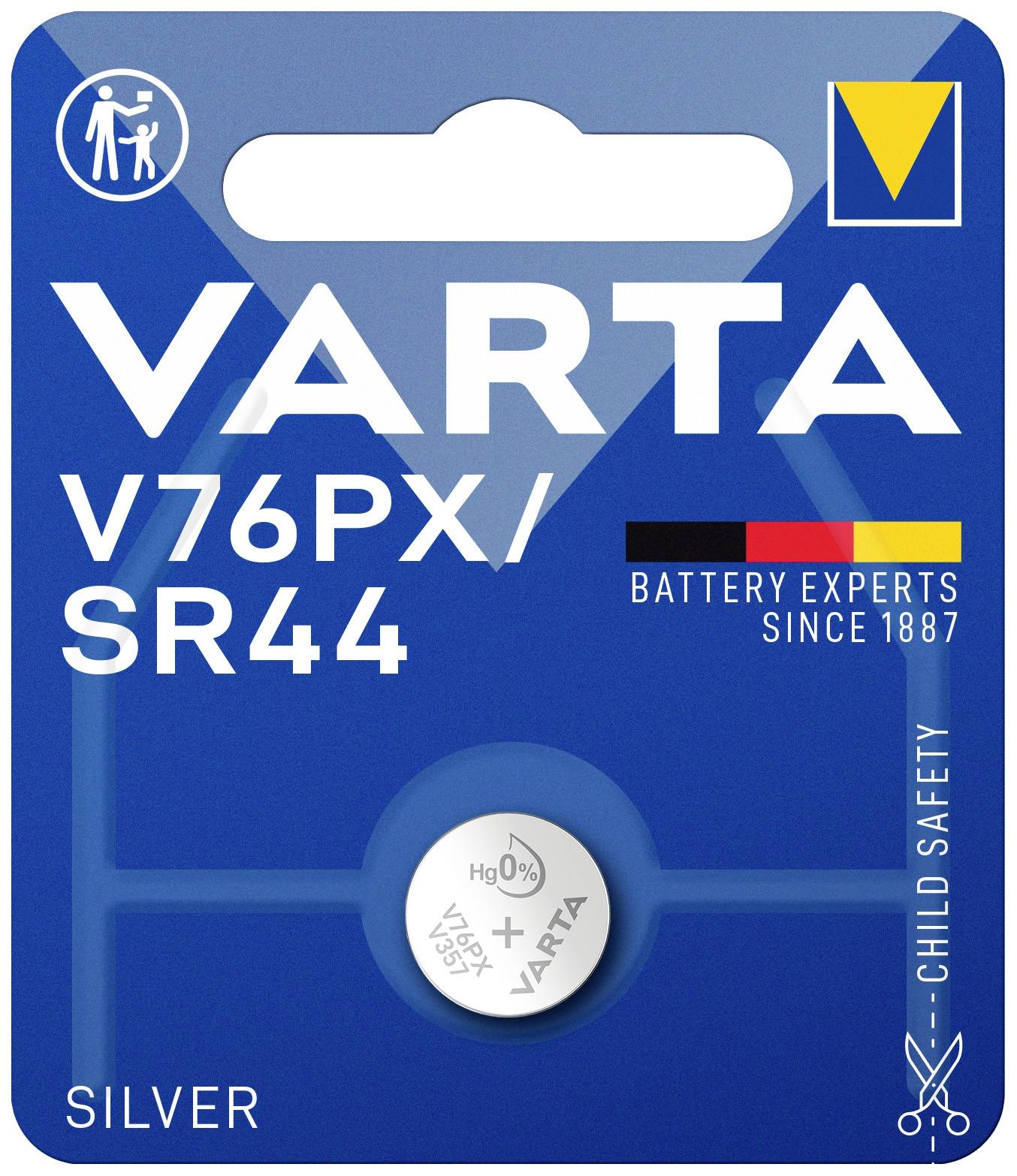 Batterie-Verpackung von Varta, Modell V76PX/SR44, "Battery Experts Since 1887", mit Kindersicherheitsmerkmal und silberner Beschriftung.