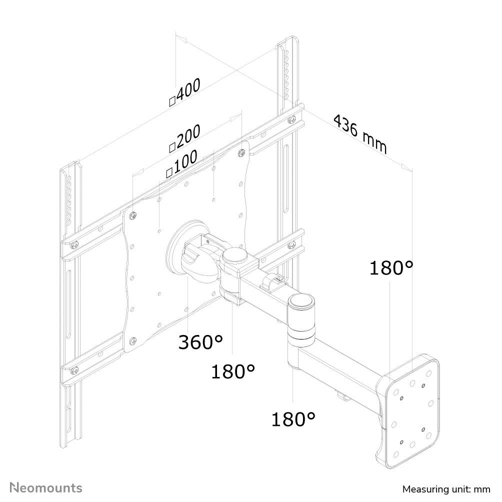 'TV-Wandhalterung' mit verstellbarem Arm, Drehung 360°, Neigung 180°, Abstand 436 mm. Maßeinheit: mm.