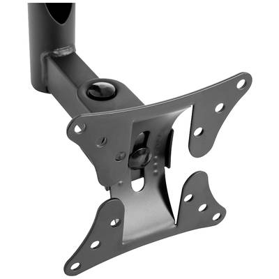 Ein schwarzer, verstellbarer Monitorhalter mit VESA-Halterung. Er besitzt vier Befestigungspunkte und ermöglicht flexible Positionierung.