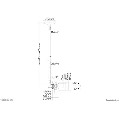 'Neomounts-Deckenhalterung', Maße: Durchmesser 160mm oben, 38mm Rohr, 32mm Halterung. Höhe min. 680mm, max. 858mm. Neigung +20°, -20°.