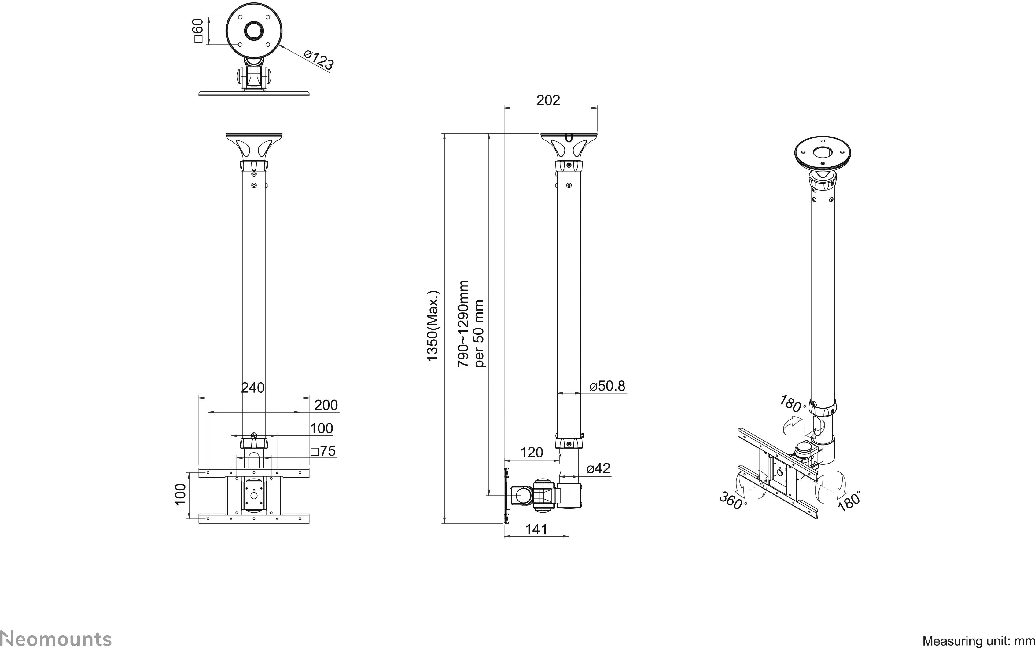 'Technische Zeichnung einer Deckenhalterung mit Maßen: Höhe bis 1500 mm, Achsbreite 202 mm, variable Neigung und Drehung.'