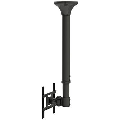 Ein schwarzer Decken-Monitorhalter mit Teleskopstange und VESA-Halterung, geeignet für Flachbildschirme, Industrie-Design.