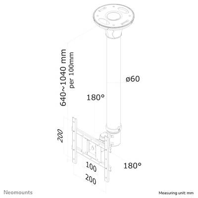 Liniendiagramm einer Deckenhalterung mit höhenverstellbarer Säule (640–1040 mm), 180° drehbar. Maße und Winkelangaben integriert.