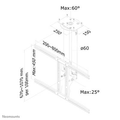 Technische Zeichnung einer verstellbaren Deckenhalterung mit Maßen: maximale Höhe 1070 mm, Neigungswinkel bis 60° vertikal und 25° horizontal.