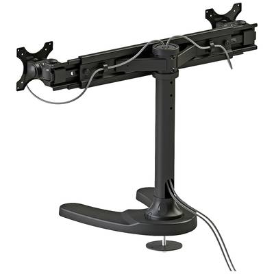 Ein schwarzer dualer Monitorarm aus Metall mit Kabelmanagement, geeignet zur Befestigung von zwei Monitoren im Büro oder Arbeitsumfeld.