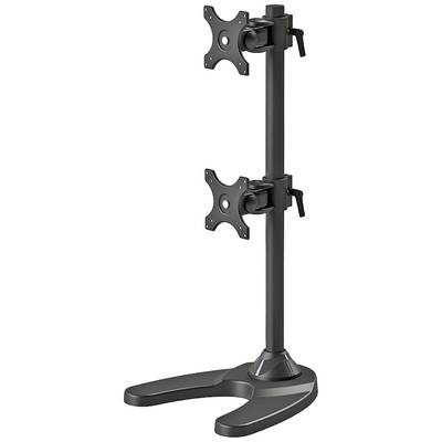Ein vertikaler, schwarz-silberner Monitorständer mit zwei übereinander angeordneten Montageplatten für Monitore.