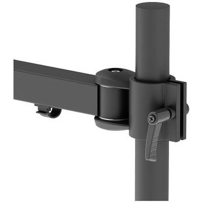 Ein schwarzes, verstellbares Monitorhalterungsgelenk, montiert an einer vertikalen Stange, ermöglicht flexible Bildschirmpositionierung.