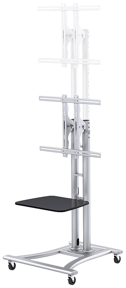 Ein verstellbarer, silberner TV-Ständer auf Rollen mit einer schwarzen Ablagefläche. Geeignet zur Montage großer Bildschirme.