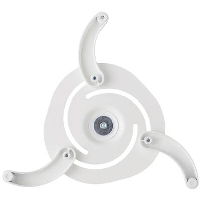Ein weißes Kunststoff-Laufrad mit drei geschwungenen Flügeln, zentraler Kreisverbindung und Schrauben, für mechanische oder dekorative Zwecke.