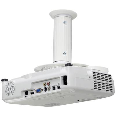 Ein weißer Deckenprojektor mit verschiedenen Anschlussmöglichkeiten wie HDMI, VGA und USB ist an einer Halterung befestigt.