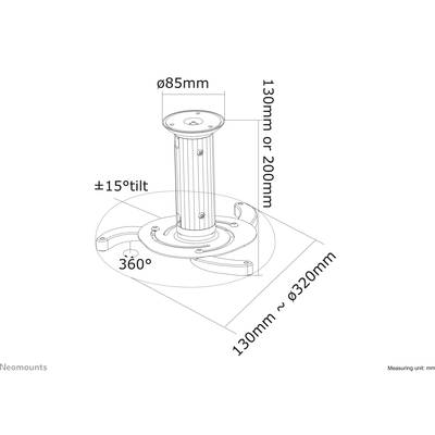 'Deckenhalterung für Projektoren, Neigung ±15°, Drehung 360°, Rohrdurchmesser 85mm, Gesamthöhe 130mm oder 200mm, Reichweite 130-320mm.'
