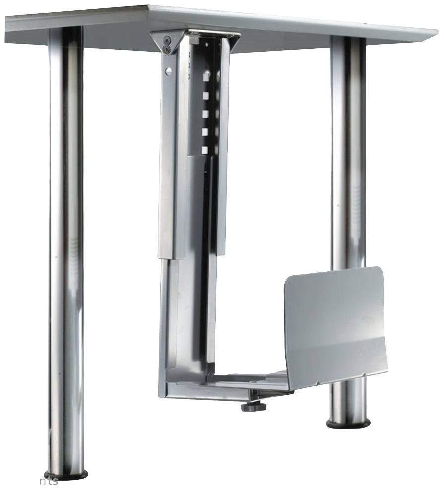 Ein silberner, höhenverstellbarer Halter für PC-Gehäuse unter einem Tisch montiert. Geeignet zur platzsparenden Aufbewahrung.