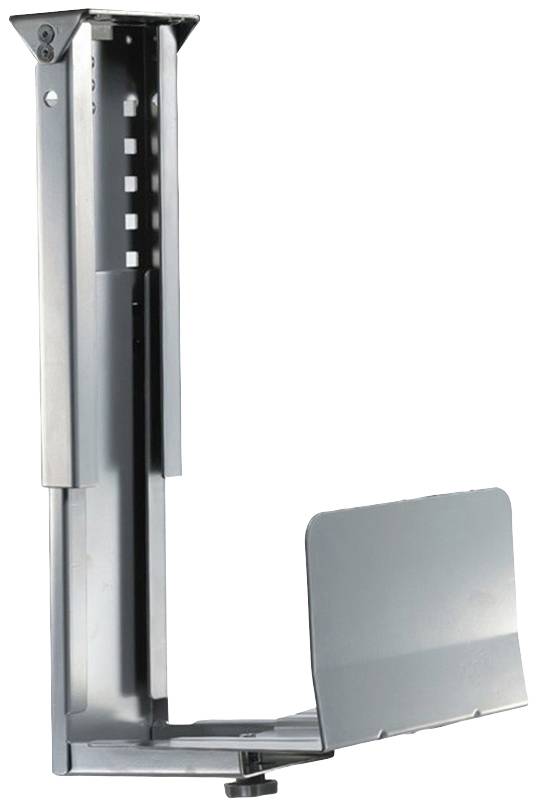 Eine silberne Metallhalterung mit verstellbarer Abdeckung. Die Halterung enthält Löcher zur Befestigung an einer anderen Oberfläche.