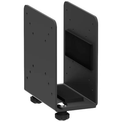 Ein schwarzer Halterungswinkel mit zwei vertikalen Platten, verbunden durch einen Sockel. Unten sind zwei Drehknöpfe befestigt.