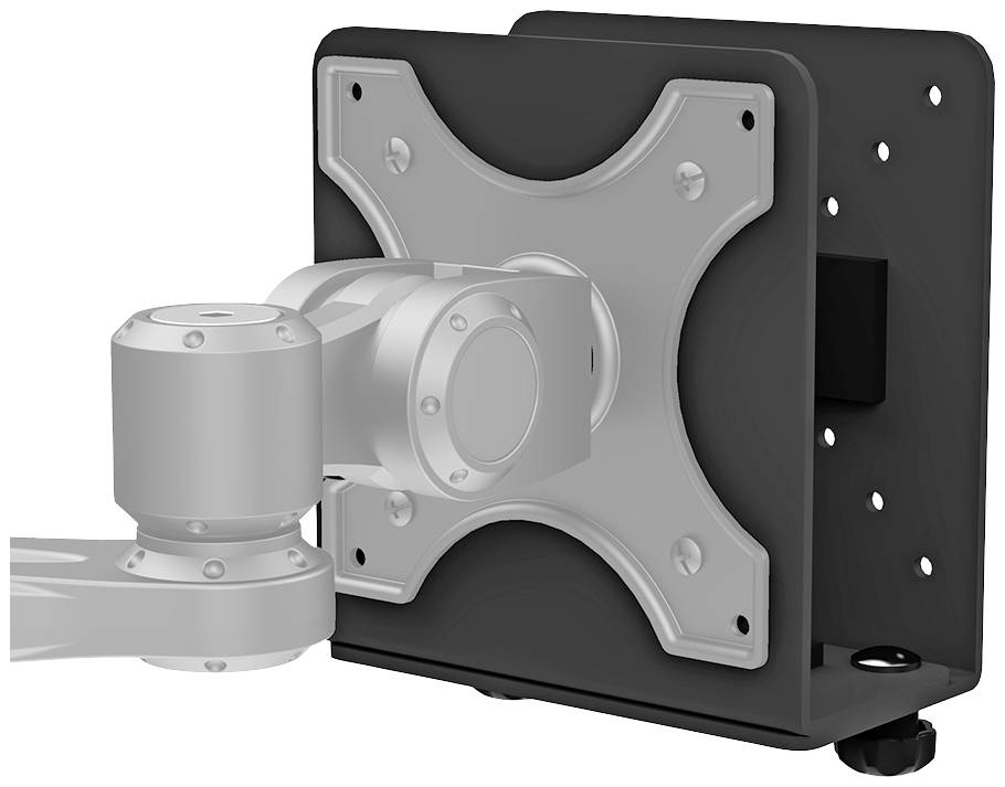 Eine VESA-Halterung aus Metall, geeignet zum Befestigen eines Monitors an einer Wand oder einem Arm, mit Schraubenlöchern zur Montage.