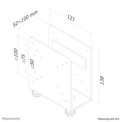 'Diagramm einer Halterung mit den Maßen: Breite verstellbar von 52-100 mm, Höhe 138 mm, Tiefe 127 mm. Maßeinheit: mm.'