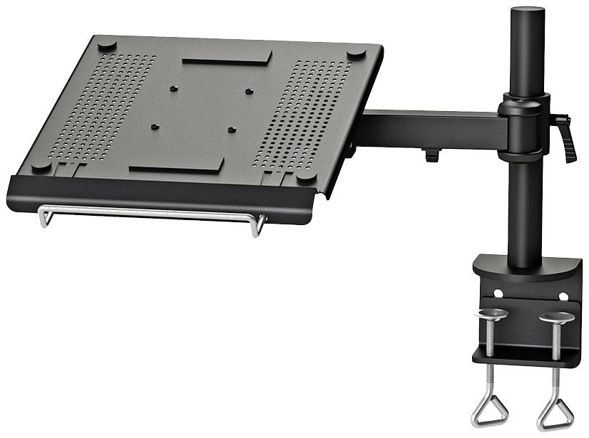 Laptop-Halterung für Schreibtisch mit verstellbarem Arm und Tischklemme. Schwarz, belüftete Platte, geeignet für ergonomisches Arbeiten.