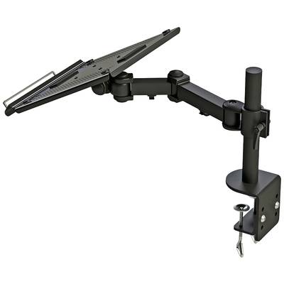 Ein schwarzer, verstellbarer Laptop-Halter für den Schreibtisch, mit einer Klemme zur Befestigung an der Tischkante.