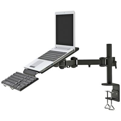 Laptop-Halterung mit Tastaturablage, an Schreibtisch fixiert. Verstellbar für ergonomisches Arbeiten mit integriertem Kabelmanagement.