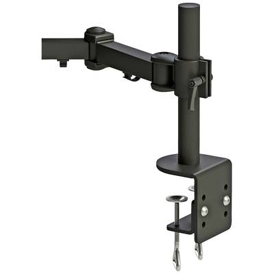 Schwarzer Monitorhalter mit Klemme zur Befestigung an einem Tisch. Der Halter hat einen verstellbaren Arm und eine Befestigungsplatte.