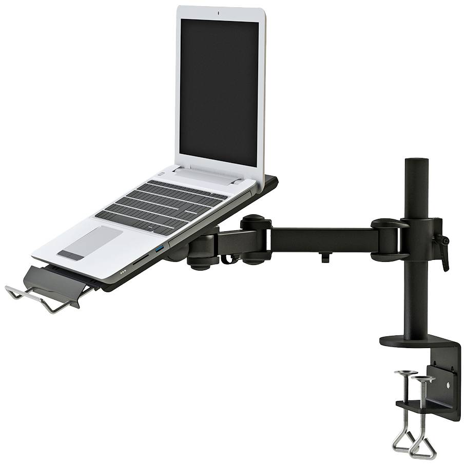 Laptop-Halterung aus Metall mit verstellbarem Arm und Klemme zur Befestigung an einem Tisch, Laptop darauf positioniert.