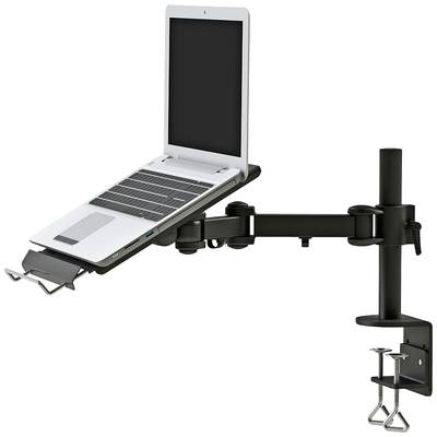 Laptop-Halterung aus Metall mit verstellbarem Arm und Klemme zur Befestigung an einem Tisch, Laptop darauf positioniert.