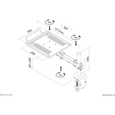 Technische Zeichnung eines verstellbaren Monitorarms mit Maßen und Winkeln. Arm ist drehbar und höhenverstellbar.