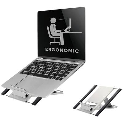 'Laptop auf ergonomischem Ständer, geneigter Bildschirm zu Benutzer, verbessert Körperhaltung und beugt Nackenschmerzen vor.'