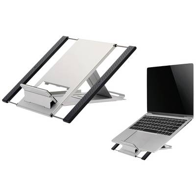Ein Laptop-Ständer aus Metall mit schwarzen Gummistreifen, verstellbar für verschiedene Laptop-Größen. Laptop darauf positioniert.