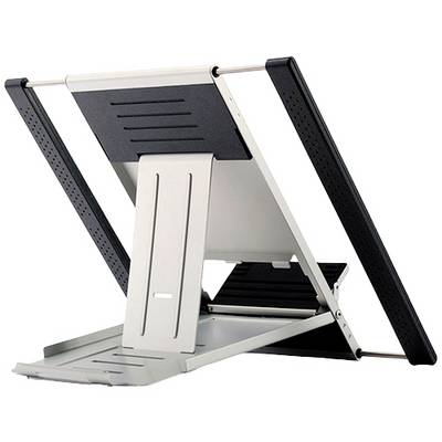 Ein verstellbarer Laptopständer in schwarzer und silberner Farbe, der für eine bessere Ergonomie und Kühlung des Laptops sorgt.