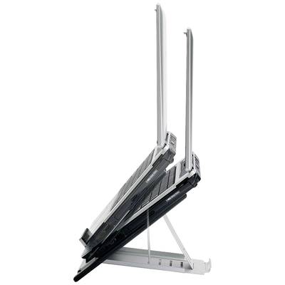 Zwei aufgeklappte Laptops in einem seitlichen Vergleich, zeigen unterschiedliche Winkel und Größen. Beide stehen auf einem Ständer.