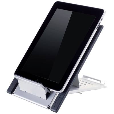 Ein Tablet steht vertikal auf einem verstellbaren metallischen Ständer. Bildschirm ist ausgeschaltet. Der Ständer hat Lüftungsschlitze.